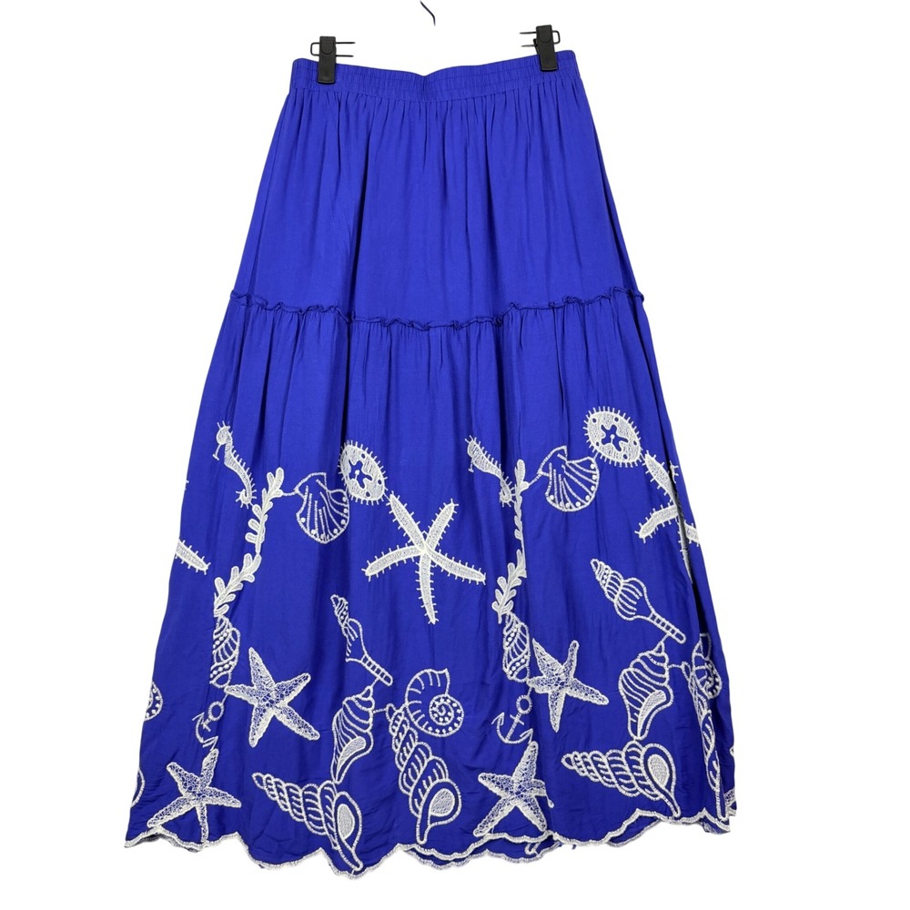 LAFFAIRE M Blue Nautical Sea Shell Starfish Embroidered Tiered Maxi Skirt Beach